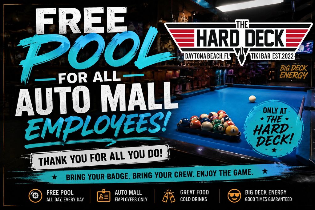 Free pool for all Auto Mall employees at The Hard Deck in Daytona Beach, FL.