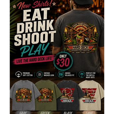 Promotional t-shirts with a tropical skull design and "Eat Drink Shoot Play" slogan.