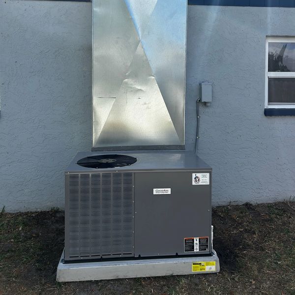Outdoor HVAC unit against a gray wall.