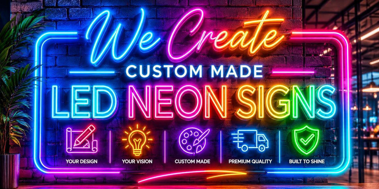 Colorful neon sign advertising custom-made LED neon signs with icons and vibrant colors.