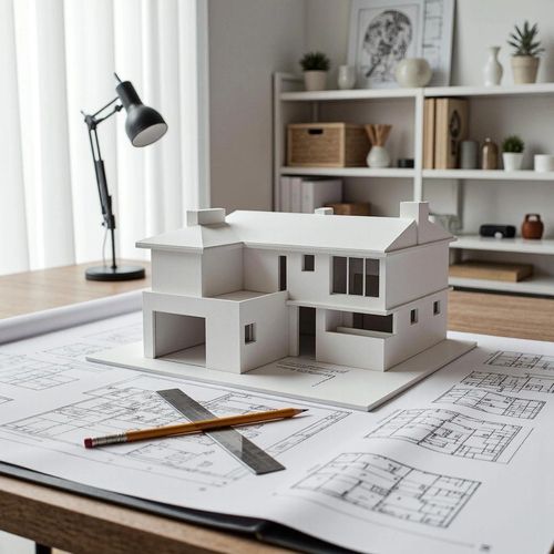 Architectural model and plans on a desk with a pencil and lamp.