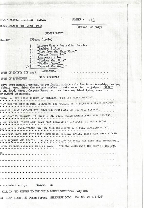 Australian Gown Of The Year 1992.  Entry 113. Original entry documentation Judges Sheet.
Andromeda