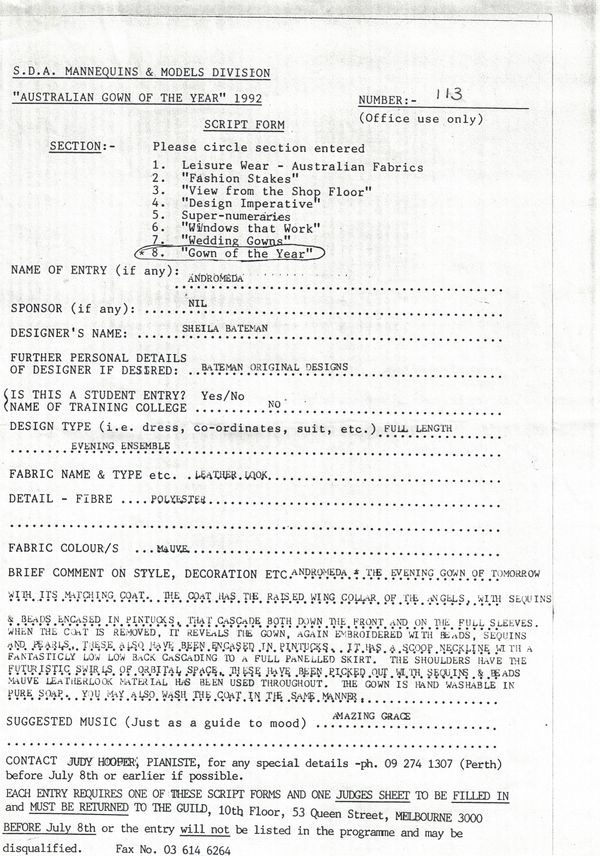 Australian Gown Of The Year Original entry documentation Script form for Entry 113 in 1992. 