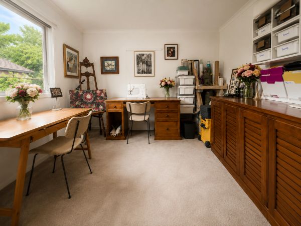 Bateman Original Designs sewing studio, featuring dedicated worktables, sewing equipment and organised storage for custom apparel, alterations, millinery and fashion accessories.