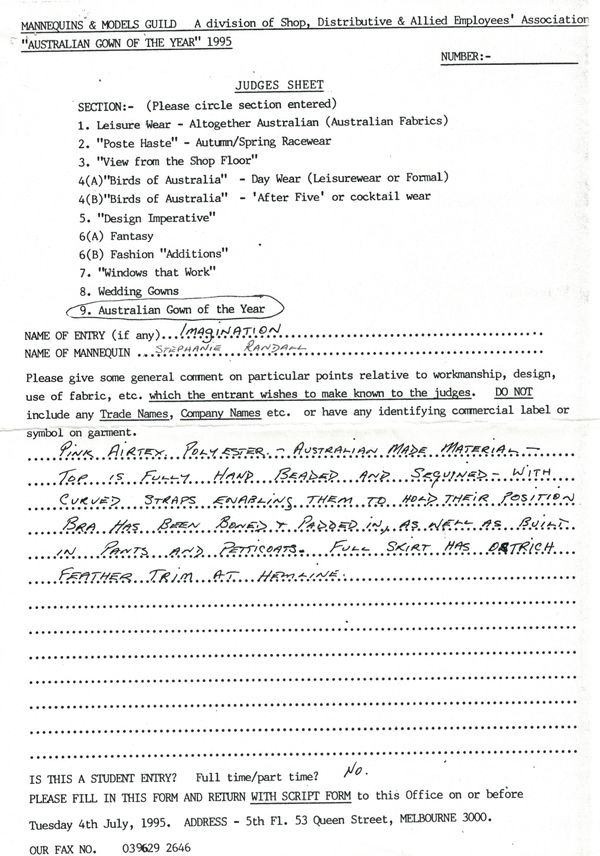 Australian Gown Of The Year 1995, Judges Sheet for Entry 130, Imagination. 