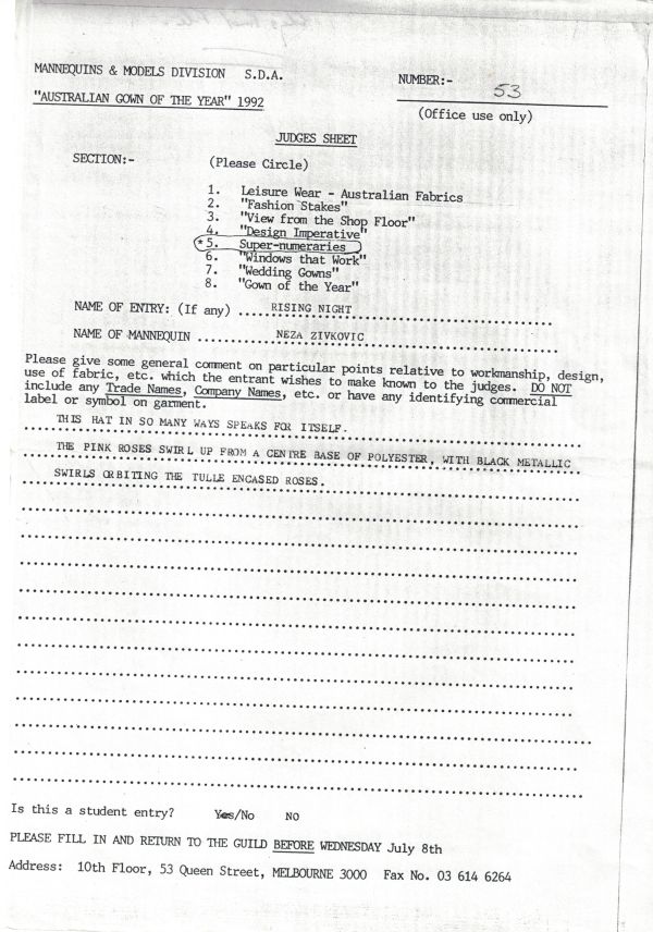 Judges Form Entry to The Australian Gown Of The Year 1992. Section 5. Super - Numeracies. Entry 53.
