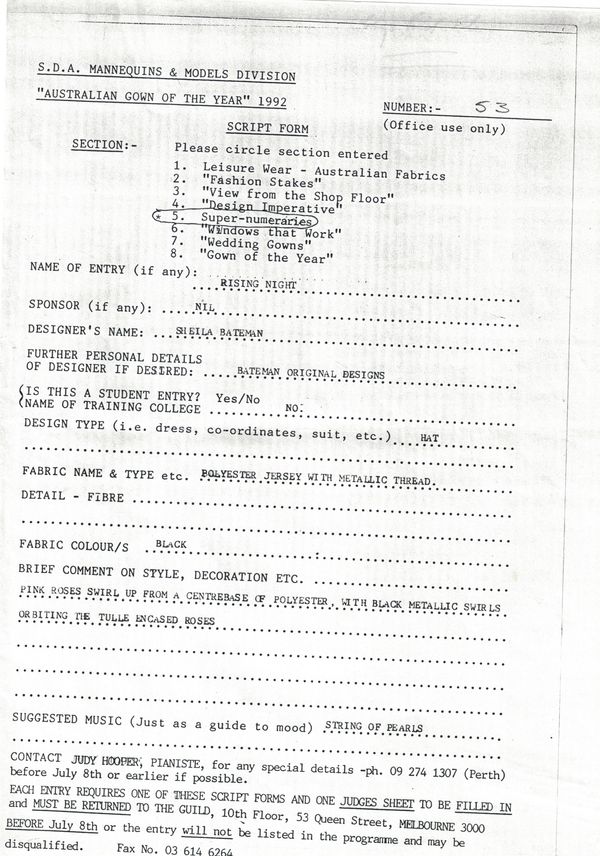 Script Form from Entry to The Australian Gown Of The Year 1992. Section 5. Super - Numeracies. 