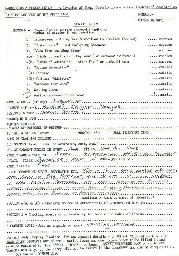 Australian Gown Of The Year 1995, original "script form" for Entry 130, Imagination. 