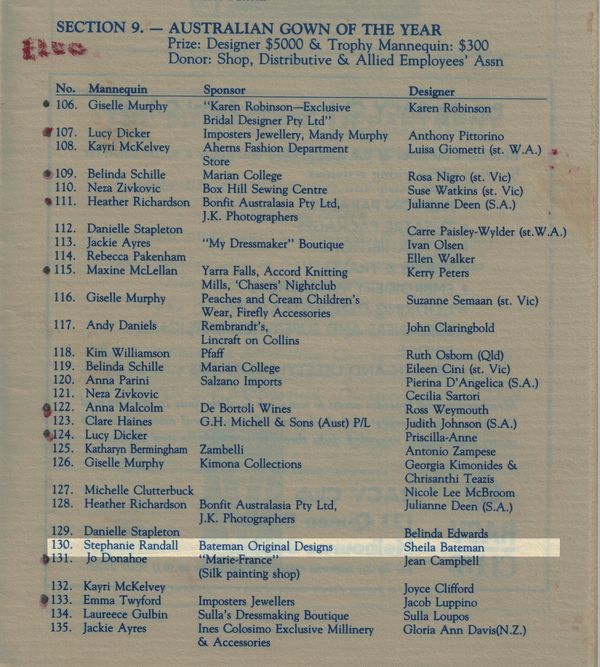 Program from Australian Gown Of the Year 1995, Section 9. Entry 130, Imagination. 