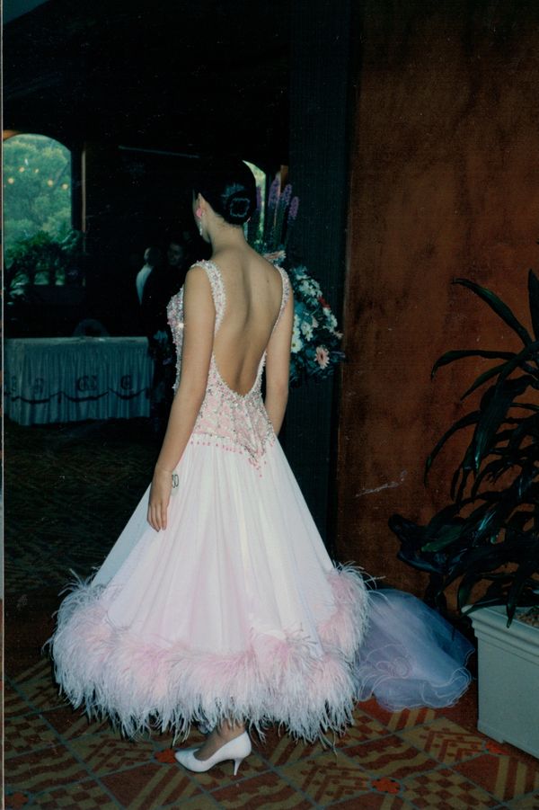 Imagination - Pink Airtex dress. Pleated circle & 1/2 skirt with ostrich feathers hem. 