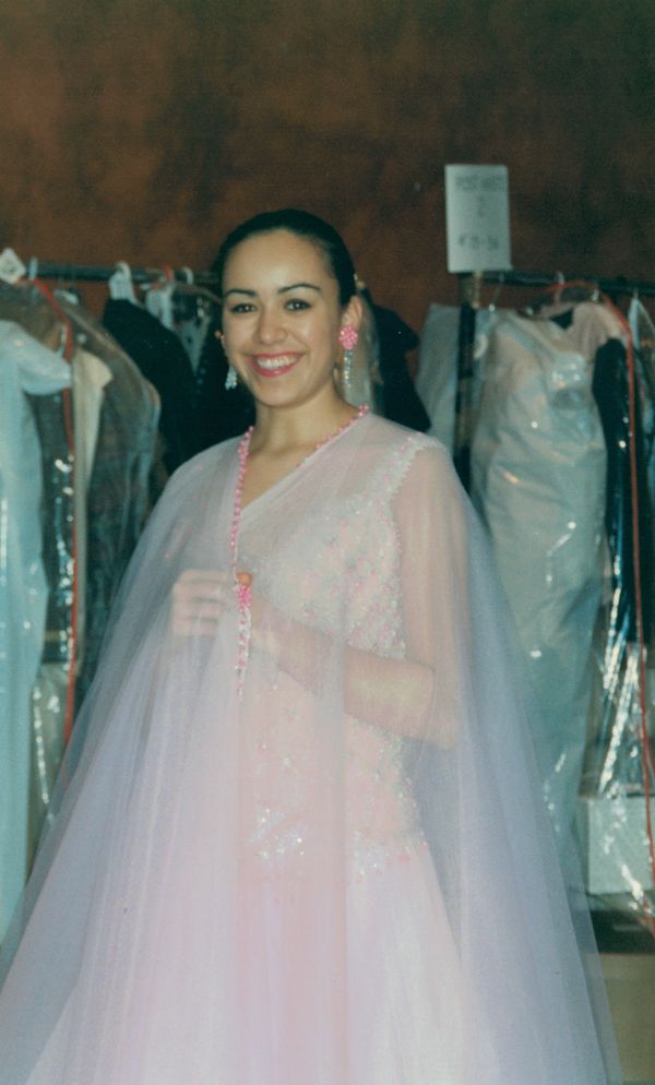 Imagination - 20-denier pink cape ensemble with beaded edges.