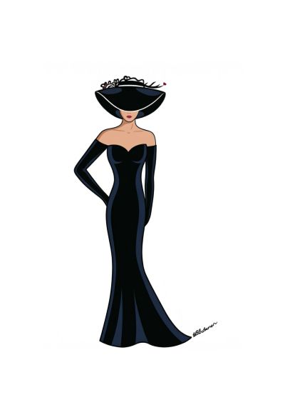 Elegant woman in a black gown and wide-brimmed hat.