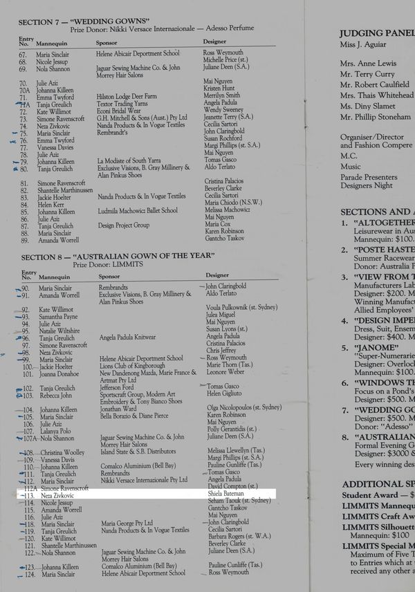 Program page – Australian Gown of the Year 1992, Section 8 (Main Section), Entry 113 Andromeda 