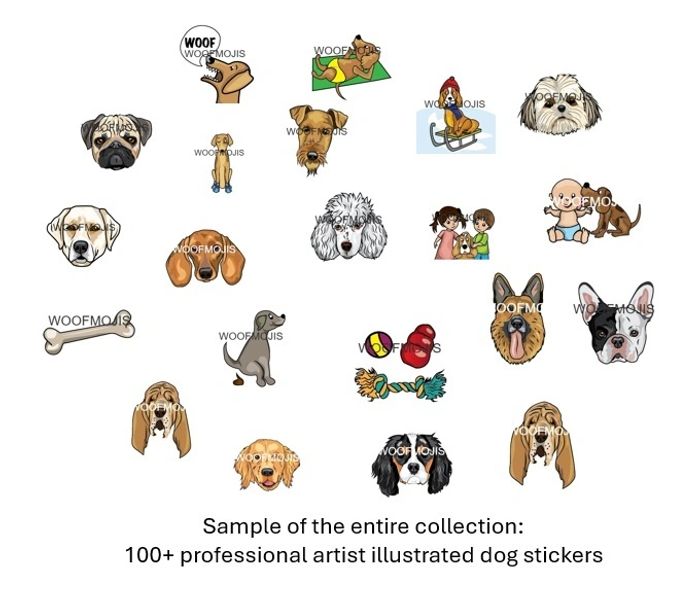 Collection of 20 illustrated dog stickers featuring various breeds and playful poses.