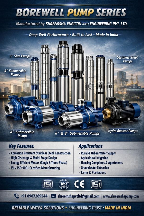 Borewell pump series by Shreemsha Engicon with various pump types for water solutions.