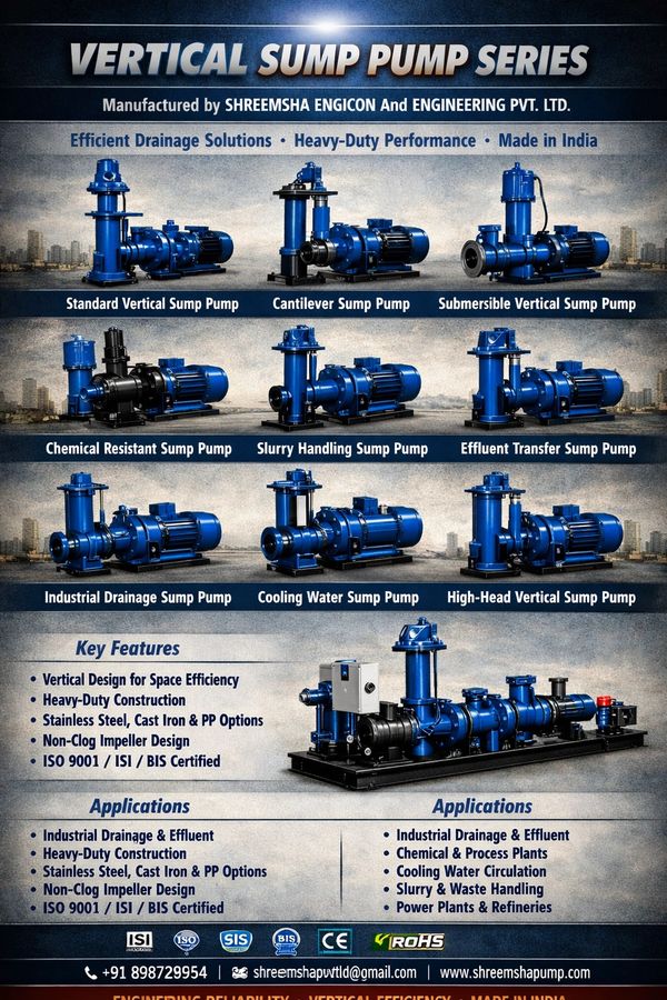 Various types of blue vertical sump pumps by Shreemsha Engicon for heavy-duty industrial use.