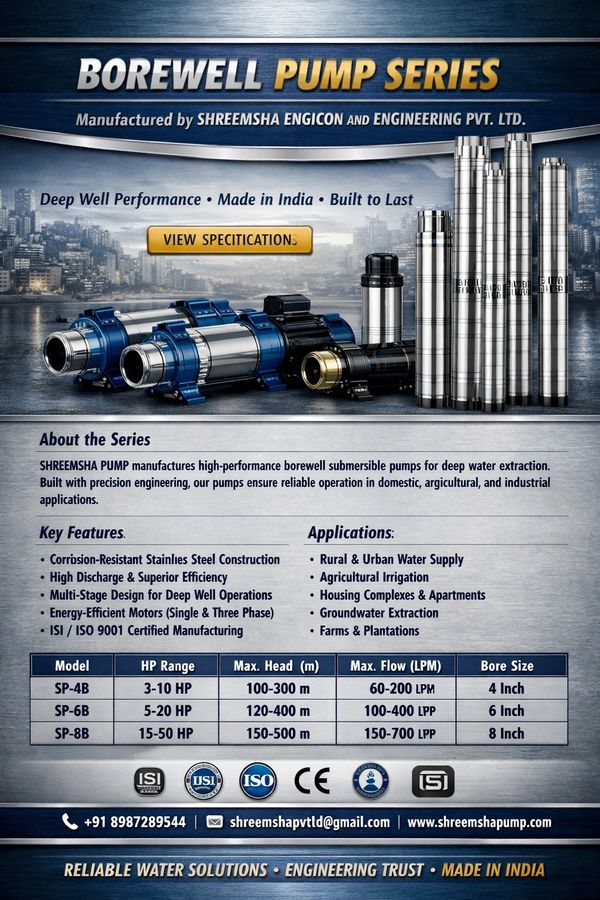Borewell pump series by Shreemsha Engicon for deep water extraction and various applications.