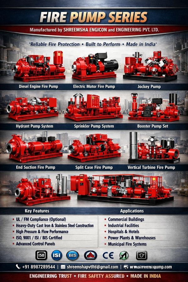 Various types of red fire pumps with features and applications listed.