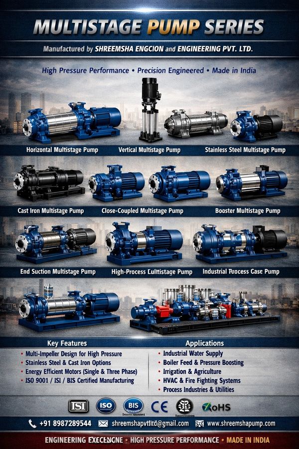 Various models of multistage pumps with features and applications listed.