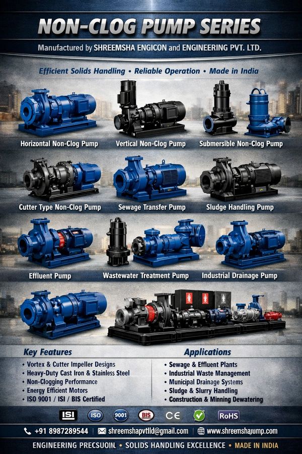 Various types of non-clog pumps by Shreemshe Engicon for industrial and sewage applications.