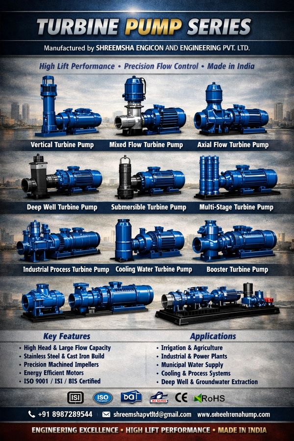 Various models of blue turbine pumps for industrial use by Shreemsha Engicon.