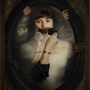 A woman in a white dress appears trapped behind a foggy mirror with hands pressing against it.