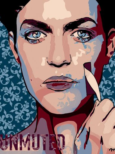 Vector art of a woman peeling off a facial mask with a patterned blue background.