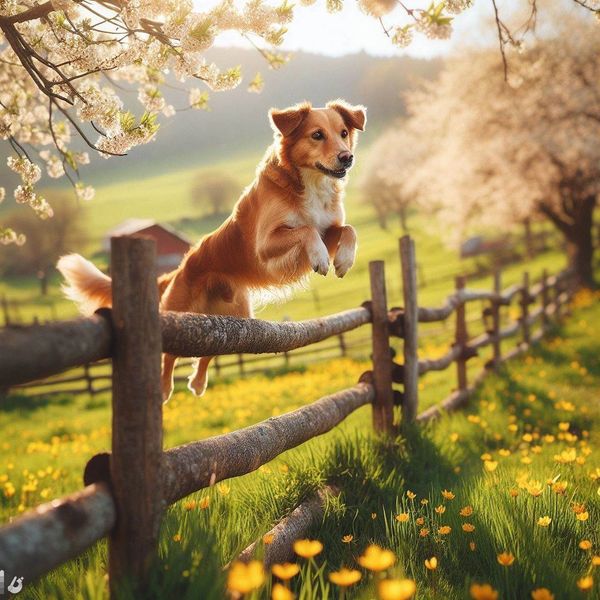 A dog jumping over a fence