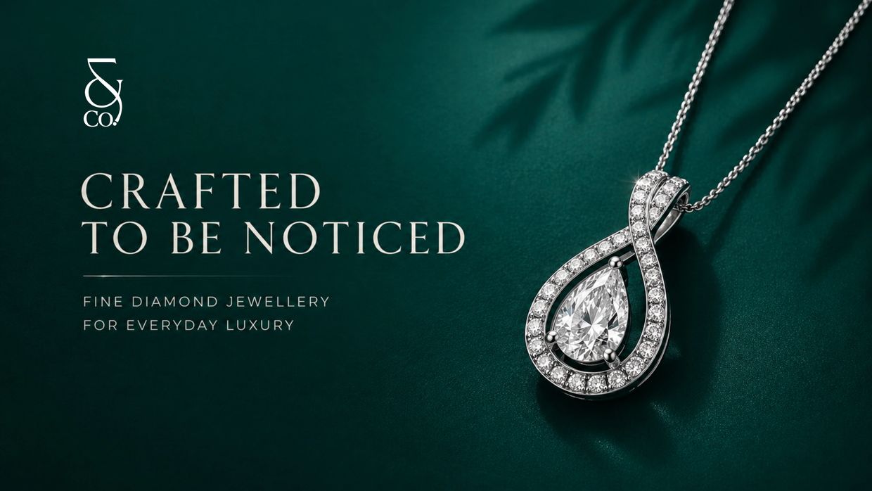 Elegant diamond pendant necklace with luxury branding on a dark green background.