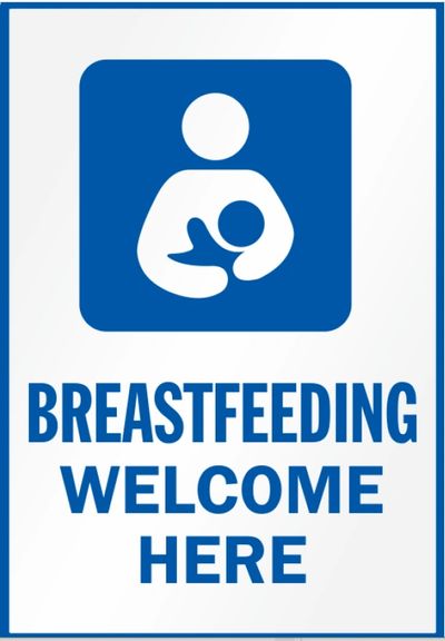 Breastfeeding Welcome Here sign. A blue square with a stylized image of a human with a baby. 