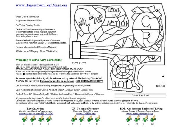 Map and information for Hagerstown Corn Maze with paths and safety rules.