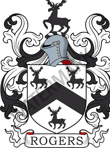 Rogers family crest featuring a stag and a knight's helmet.