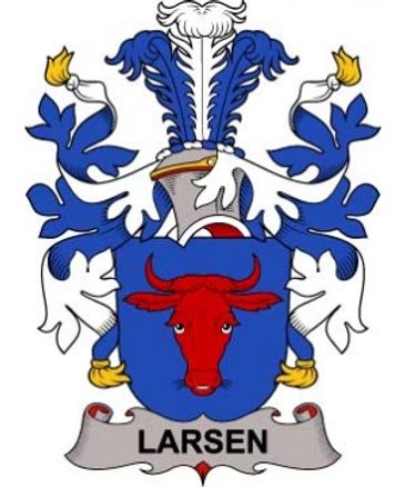 Heraldic coat of arms with a red bull and the name Larsen.