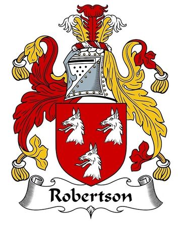 Robertson family coat of arms with three white wolf heads on red shield.