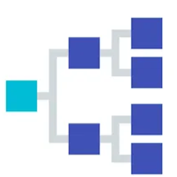 A simple hierarchical flowchart with connected blue and teal squares.
