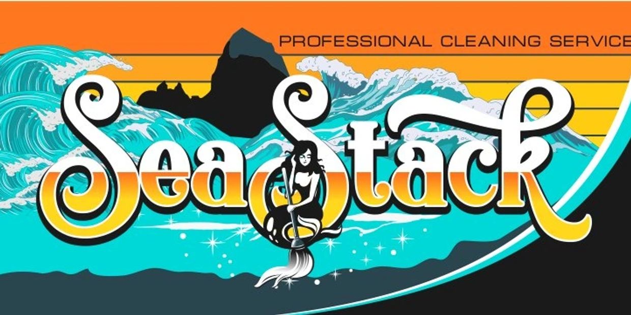 Colorful logo for Sea Stack professional cleaning service with a mermaid and ocean waves.