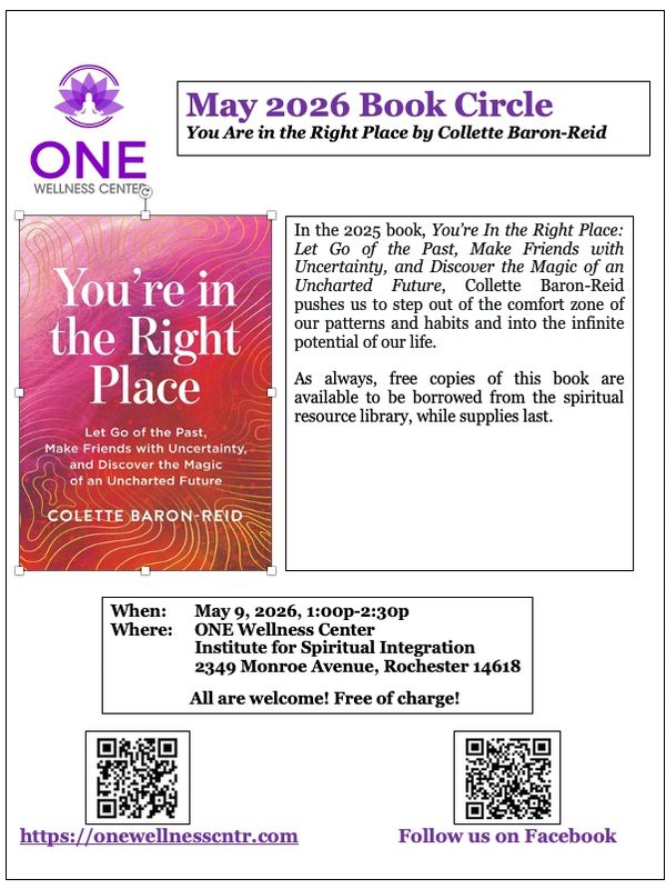 May 2026 Book Circle at ONE Wellness Center featuring 'You Are in the Right Place' by Collette Baron-Reid.