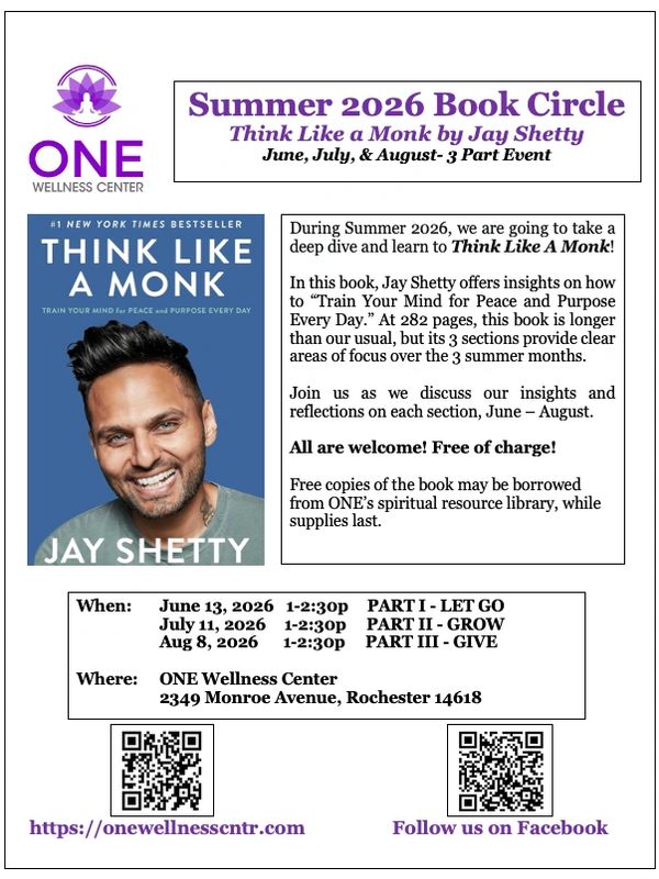 Summer 2026 Book Circle on 'Think Like a Monk' by Jay Shetty at ONE Wellness Center.