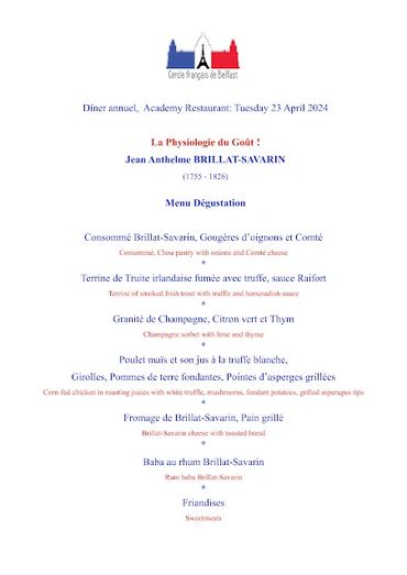 Menu for annual dinner at Academy Restaurant, April 23, 2024.