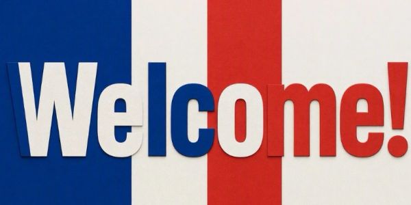 Word "Welcome!" on a French flag background.