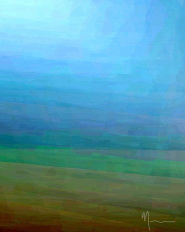 Abstract painting with horizontal blue, green, and brown layers.