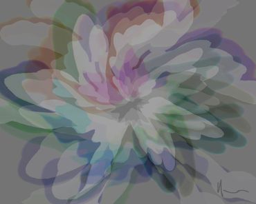 Abstract artwork with layered, translucent petals in muted colors.