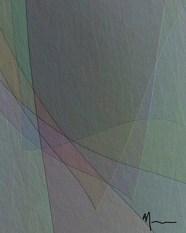 Abstract geometric art with translucent overlapping shapes in muted colors.