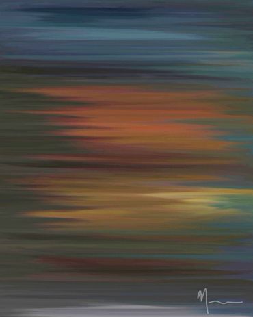 Abstract digital painting with horizontal streaks of blue, orange, and green.
