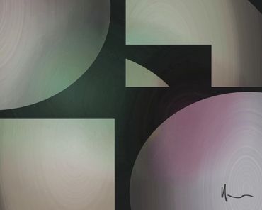 Abstract geometric artwork with circles and rectangles in muted tones.