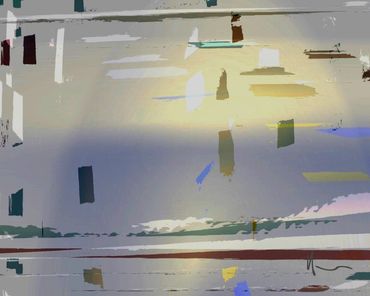 Abstract digital art with rectangles and lines in muted colors.