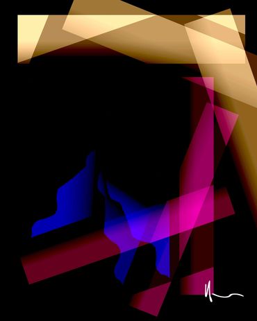 Abstract geometric shapes in pink, blue, and beige on black background.