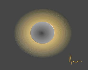 Abstract circular design with glowing golden rings on a dark background.