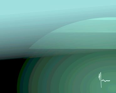 Abstract digital art with layered blue and green gradients and a signature.