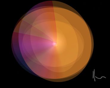 Colorful circular abstract art with overlapping segments on a black background.